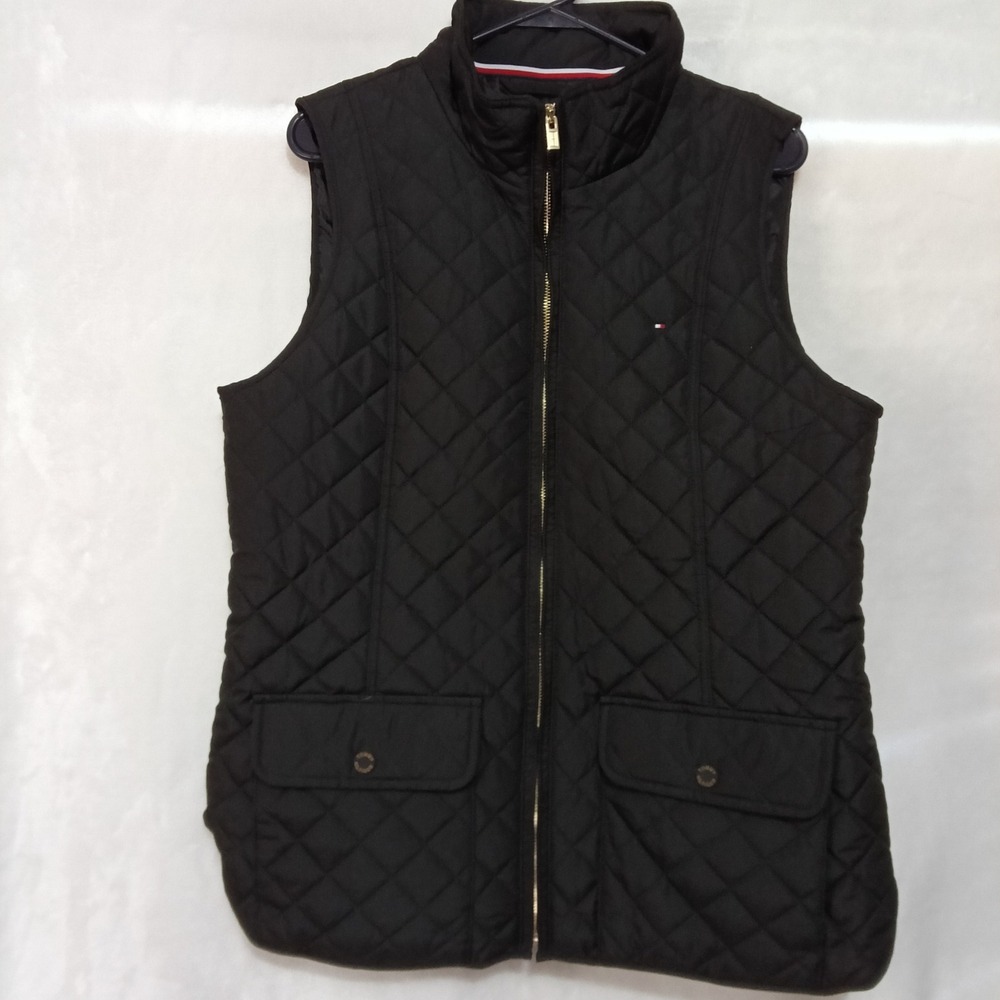 Tommy Hilfiger Womens Black Quilted Diamond Stitch Full Zip Vest Large L